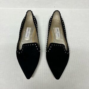 Jimmy Choo Black Suede Studded Pointed Toe Flats 41.5 designer work everyday